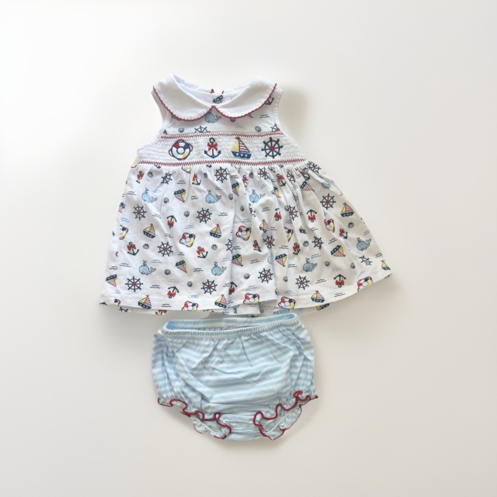 Good Lad Sz 12 Months Nautical Beach Outfit Set Top Bloomer Embroidered